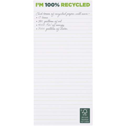 White 1/3 A4 Desk-Mate® notepad with 80 g/m2 recycled paper. Full colour print available on each sheet. Available in 3 sizes (25/50/100 sheets).