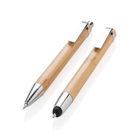 Bambus Schreibset in Geschenkverpackung. Bambus-Stylus mit blauer Tinte und Bleistift mit 3 Stück 0,7mm Minen.