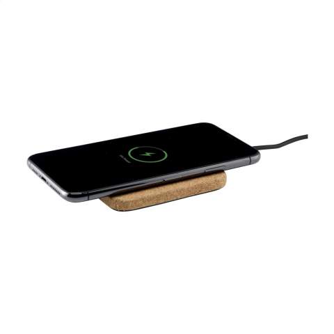 10W Wireless charger made from natural cork. Features an indicator light. Compatible with all QI devices such as the latest generation of Android, iPhone 8 and above. Input: 5V/2A. Output: 5/2A-10W. Includes a PVC-free micro-USB cable (TPE) and user manual. Each item is supplied in an individual brown cardboard box.