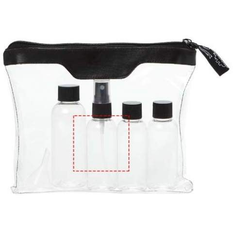 Airline approved toiletry bag which you can bring onboard. Including 2 x 50 ml bottle, 1 x 90 ml bottle and 1 x vaporizer and funnel. Bottles, vaporizer and funnel packed in polybag, comes separately from pouch. Decoration not available on components.
