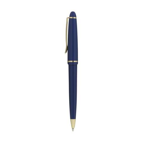 Stylo à encre bleue avec corps brillant, clip et pointe dorés et système de capuchon coulissant.