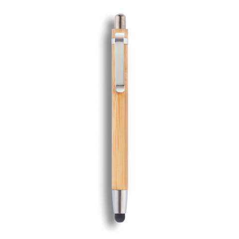 Stylo tactile en bambou avec embout stylet et stylo bille intégré.
