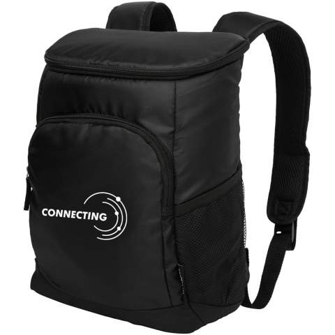 Made with high density thermal insulation, this backpack features a zippered main compartment, a zippered front pocket, mesh side pocket and padded adjustable straps. Ultra Safe® leak proof, easy clean PEVA lining. Fits 18 cans. PVC free. 

