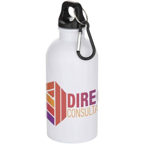 Restez toujours hydraté grâce à cette bouteille d’eau de 400 ml, à la fois durable et légère, fabriquée à partir d’acier inoxydable recyclé et certifié RCS, dotée d’un revêtement adapté à la sublimation. Elle est le compagnon idéal pour le sport, les excursions d’une journée ou le bureau. La bouteille Oregon à paroi simple, avec finition mate, offre beaucoup d'espace pour ajouter tout type de logo. Attachez solidement le mousqueton à un sac pour éviter de la perdre (le mousqueton ne convient pas à l'escalade).