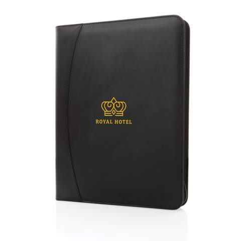 This beautiful RCS rPU deluxe tech portfolio with zipper is made with RCS (Recycled Claim Standard) certified recycled materials. RCS certification ensures a completely certified supply chain of the recycled materials. The smooth, luxury surface gives the portfolio a chic look. Inside the A4 portfolio you can find a lined 64 gm/2 recycled paper notepad containing 20 pages. Inside there’s 1 phone size pocket, a phone holder, pen loop and 2 business card slots. Made with 100% recycled RCS certified recycled PU. Total recycled content: 14% based on total item weight. PVC free.<br /><br />NotebookFormat: A4<br />NumberOfPages: 20<br />PaperRulingLayout: Lined pages