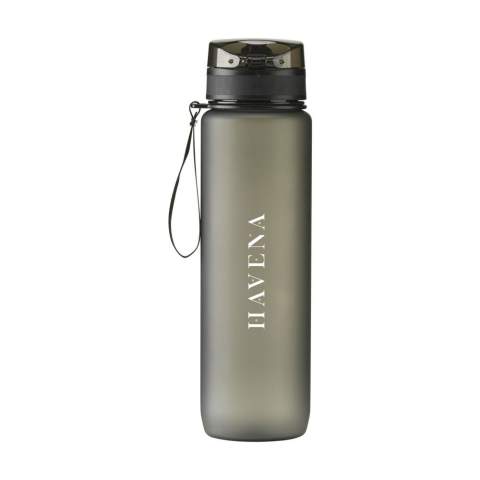 Keep yourself hydrated with this matt transparent water bottle made from PCTG SK plastic. The bottle has a leak proof screw cap and a handy carrying loop. The screw cap has a drinking spout and is hygienically sealed with a transparent lid with a push button and lock. With content indication in ml and oz. The perfect companion for at home, at work or on the road and a practical incentive to improve your water intake. Capacity 1,000 ml.