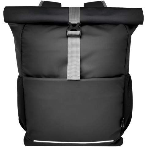 Water-resistant roll-top bike bag made from GRS certified recycled materials. It features a padded 15" laptop compartment, multiple organisational pockets, adjustable hook & loop closure for easy fitting onto a variety of bikes, and reflective piping for visibility. The GRS recycled materials include the main fabric, lining, webbing, and zips. Capacity: 20 litres. PVC free.