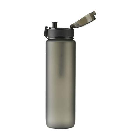 Keep yourself hydrated with this matt transparent water bottle made from PCTG SK plastic. The bottle has a leak proof screw cap and a handy carrying loop. The screw cap has a drinking spout and is hygienically sealed with a transparent lid with a push button and lock. With content indication in ml and oz. The perfect companion for at home, at work or on the road and a practical incentive to improve your water intake. Capacity 1,000 ml.