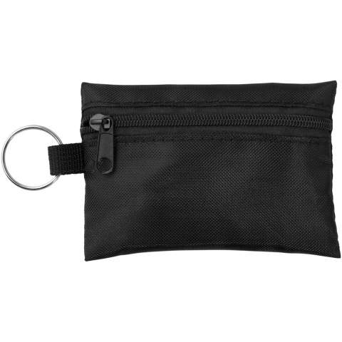 Convenient polyester pouch with keyring that holds 16 pieces of first aid supplies. The kit contains a pair of scissors (9 cm), 2 skin cleansing swabs, 1 elastic bandage (4 metre x 6 cm), 2 cotton balls (0.5g), 3 safety pins (3.6 cm), 5 plasters (45x19 mm), and 2 cotton pins (8 cm). Great for travelling, festival, events, and other outdoor activities, and has a large decoration area. A first aid kit is regarded as a medical device and is governed by 93/42/EEC, based on the intended use: “diagnosis, prevention, monitoring, treatment or alleviation of disease”. This medical device belong to CLASS I, Is.