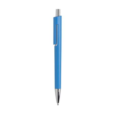 Blauwschrijvende balpen met uniek design: de body en clip van deze balpen zijn uit één geheel vormgegeven en dat maakt deze pen tot een bijzondere eyecatcher. Met opvallend zilverkleurig accent onder de optisch 'zwevende' clip.
