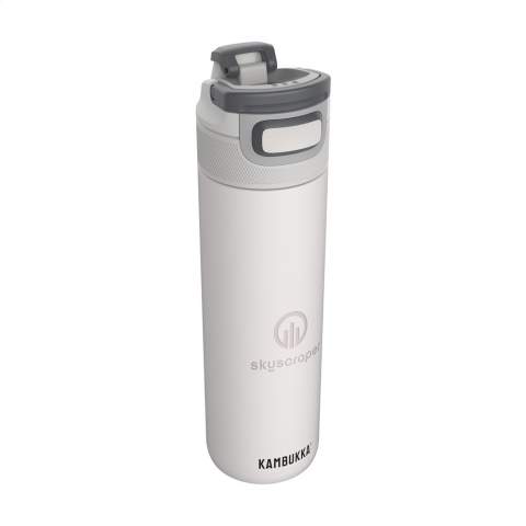 Durable, vacuum insulated 18/8 stainless steel water bottle made by Kambukka® • excellent quality • BPA-free • keeps drinks warm for up to 10 hours • keeps drinks cool for up to 22 hours • 3-in-1 lid with 2 drinking positions: just push to take a quick sip, or open it completely to drink just as comfortably as from a mug, without spilling • easy to clean thanks to Snapclean®: just pinch and pull to remove the inner, dishwasher-safe mechanism • universal lid: also fits on other Kambukka® drinking bottles • the lid is heat-resistant and dishwasher-safe • handy rubberized grip • non-slip base • 100% leakproof • capacity 600 ml.  STOCK AVAILABILITY: Up to 1000 pcs accessible within 10 working days plus standard lead-time. Subject to availability.