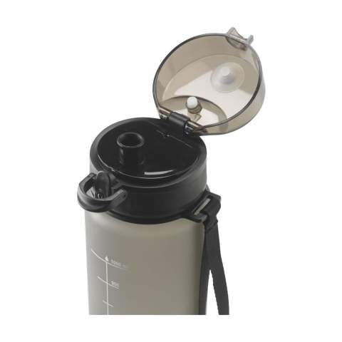 Keep yourself hydrated with this matt transparent water bottle made from PCTG SK plastic. The bottle has a leak proof screw cap and a handy carrying loop. The screw cap has a drinking spout and is hygienically sealed with a transparent lid with a push button and lock. With content indication in ml and oz. The perfect companion for at home, at work or on the road and a practical incentive to improve your water intake. Capacity 1,000 ml.