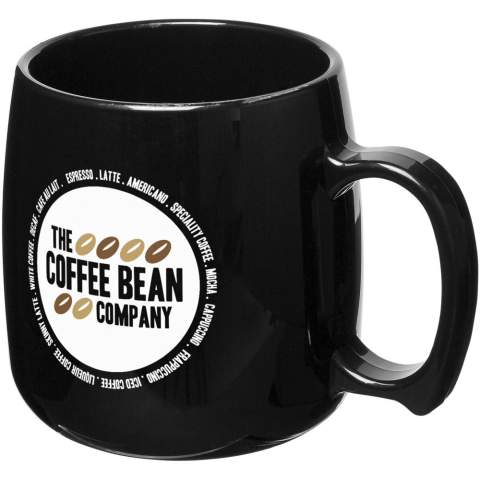Durable, single-wall plastic mug. Volume capacity is 300 ml. Made in the UK.