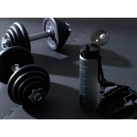 Keep yourself hydrated with this matt transparent water bottle made from PCTG SK plastic. The bottle has a leak proof screw cap and a handy carrying loop. The screw cap has a drinking spout and is hygienically sealed with a transparent lid with a push button and lock. With content indication in ml and oz. The perfect companion for at home, at work or on the road and a practical incentive to improve your water intake. Capacity 1,000 ml.