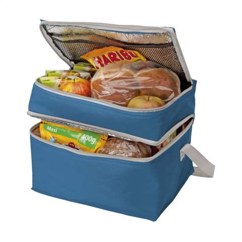 600D polyester bag with large cooler compartment, extra cooler section with mesh pocket and strap.
