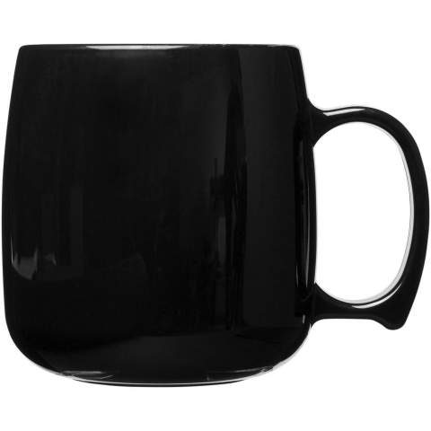 Durable, single-wall plastic mug. Volume capacity is 300 ml. Made in the UK.