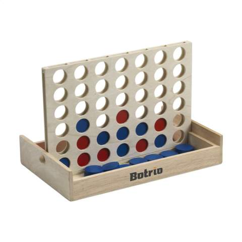 Strategic game suitable for 2 players. This compact version is made from FSC 100% certified polywood and plywood and comes with 21 bricks in red and blue. With a handy swivel function to put the frame upright. The first person to line up 4 stones of the same color horizontally, vertically or diagonally is the winner. A game for young and old. Incl. instructions. Each item is individually boxed.