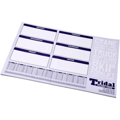 Weißer Desk-Mate® A2 Notizblock mit 80g/m2 Papier. Vollfarbdruck auf jedem Blatt möglich. Erhältlich in 2 Größen: 25, 50 Blatt.