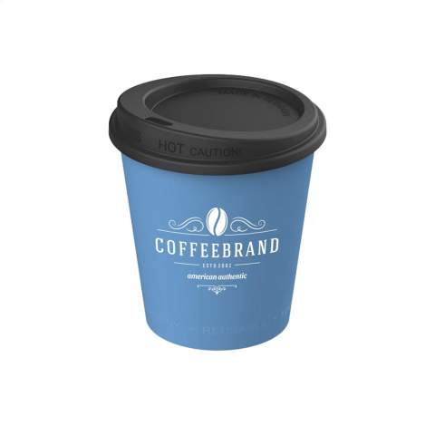 Reusable coffee cup ideal for drinks on the go. Made from plastic, this cup has a lid with an opening that helps to prevent spills. Fits in a standard car drinks holder making it ideal for use on the road. Also useful as a reusable cup for the coffee machine.  The perfect alternative to a disposable coffee cup. By switching to a reusable cup, billions of fewer cups end up in the waste. This beautiful cup is 100% recyclable, BPA-free and stackable. Capacity 200 ml. Made in Germany.