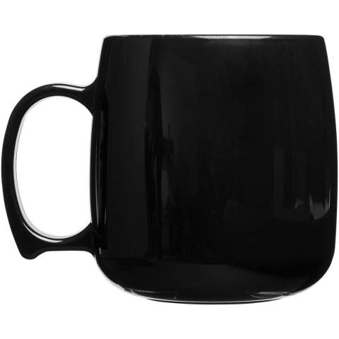 Durable, single-wall plastic mug. Volume capacity is 300 ml. Made in the UK.