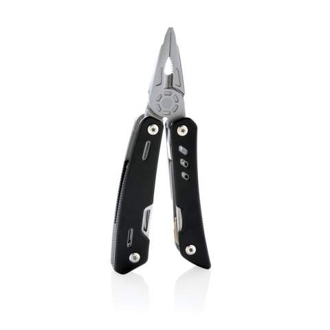 Strong and durable multitool with 12 functions. With aluminium case and stainless steel tools. Tools include: needle nose plier, regular plier, wire cutter, knife, phillips screwdriver, small flat screwdriver, saw, can opener, bottle opener, serrated knife, reamer/punch, file & large flat screwdriver. Packed in gift box.