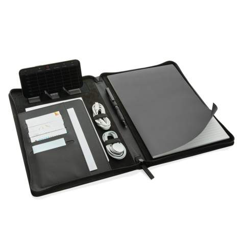 The Swiss Peak Heritage collection speaks the language of modern elegance. Presented in iconic Italian recycled PU cover with zipper . The inside provides a tablet/phone stand, gadget holders, business cards slots, sleeves for your notes and papers plus a pen loop. With lined 20 sheets A4 stone paper notepad. the portfolio is made with RCS (Recycled Claim Standard) certified recycled materials. RCS certification ensures a completely certified supply chain of the recycled materials. Made with 100% recycled RCS certified recycled PU. Total recycled content: 9% based on total item weight. PVC free.<br /><br />NotebookFormat: A4<br />NumberOfPages: 20<br />PaperRulingLayout: Lined pages