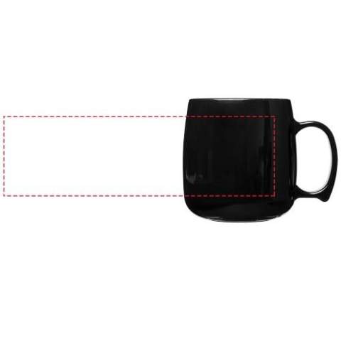 Durable, single-wall plastic mug. Volume capacity is 300 ml. Made in the UK.