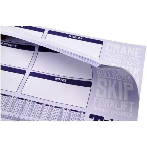 Weißer Desk-Mate® A2 Notizblock mit 80g/m2 Papier. Vollfarbdruck auf jedem Blatt möglich. Erhältlich in 2 Größen: 25, 50 Blatt.