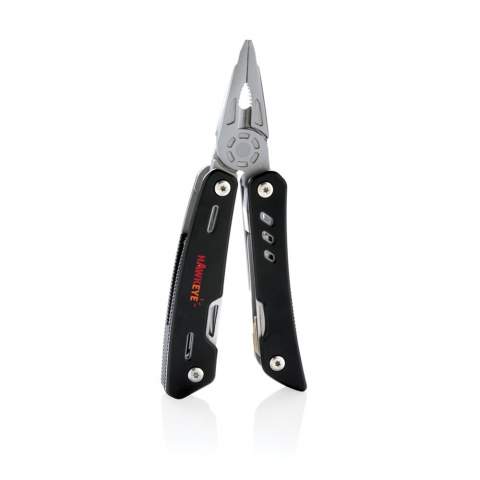Strong and durable multitool with 12 functions. With aluminium case and stainless steel tools. Tools include: needle nose plier, regular plier, wire cutter, knife, phillips screwdriver, small flat screwdriver, saw, can opener, bottle opener, serrated knife, reamer/punch, file & large flat screwdriver. Packed in gift box.