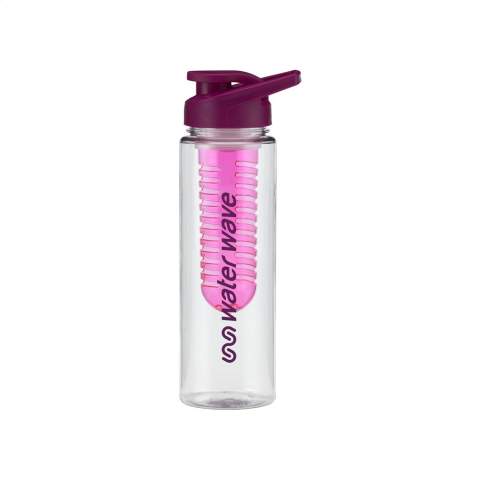 Water bottle with infuser. Made from clear Tritan plastic. With coloured, practical screw cap and lockable drinking opening. Leak proof. Fill the large infuser compartment with fresh fruit or vegetables and create your own taste sensation. Not dishwasher-safe. Capacity 700 ml.
