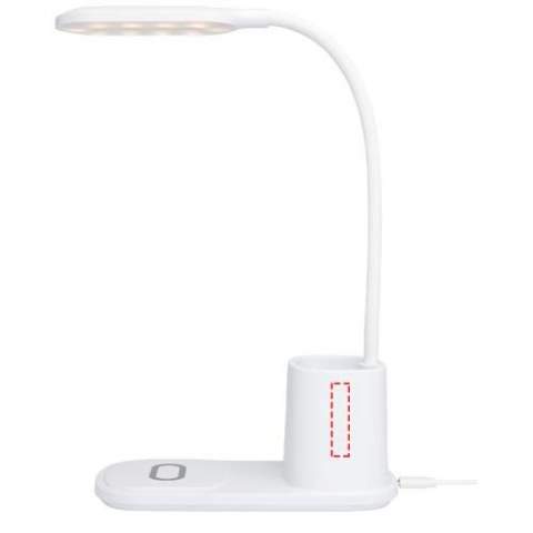 Desk lamp with an integrated wireless charger and pencil holder. The lamp has 3 lightning settings (warm/cold/medium) and can be adjusted in height. The charger has 10W wireless output and is compatible with all Qi devices (iPhone 8 or above and Android devices that supports wireless charging).