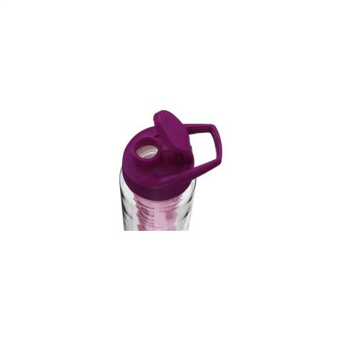 Water bottle with infuser. Made from clear Tritan plastic. With coloured, practical screw cap and lockable drinking opening. Leak proof. Fill the large infuser compartment with fresh fruit or vegetables and create your own taste sensation. Not dishwasher-safe. Capacity 700 ml.