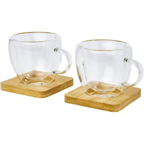 A set of 2 double-wall thermal glasses with bamboo coaster. The bamboo comes from sustainable, environmentally, and socially responsible sources. Thanks to the double borosilicate glass, the temperature of the drink is retained for a long time. Volume capacity is 100 ml. Coaster size: 8 x 8 x 1 cm.
