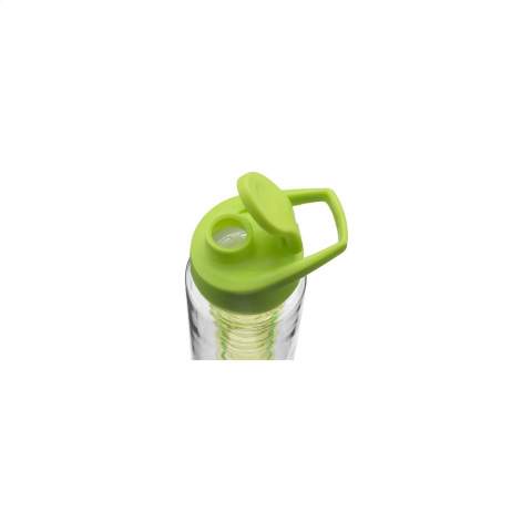 Bouteille d'eau avec infuseur. Plastique transparent en Tritan : écologique, sans BPA et durable. Avec bouchon à vis coloré et ouverture verrouillable. Remplissez l'infuseur avec des fruits frais ou des légumes pour créer vos propres saveurs. Capacité 700 ml.