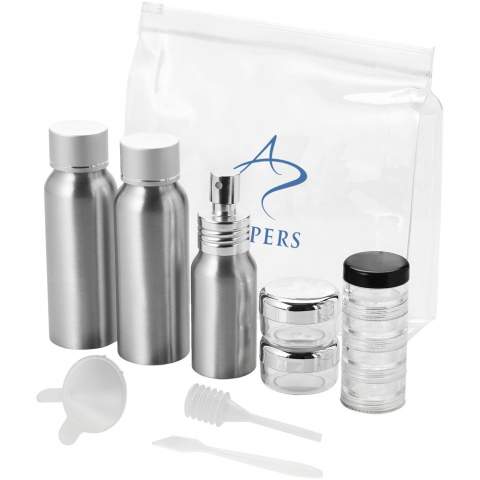 Contains 2 x 80 ml aluminium bottles, 1 x 40 ml aluminium spray bottle, 2 x 2 ml jars, 1 x 4 layer jar, a funnel, a spatula and a sucker. Bottles, funnel etc packed in polybag, comes separately from pouch. Decoration not available on components.