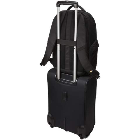 Features a large zippered main compartment with a padded 15.6" laptop and 10.1" tablet sleeve and a zippered mesh pocket for cables and accessories. Comes with a front organization panel to storage small electronics, cables, accessories, business cards and keys. Contains expandable side pockets for water bottle or power brick, padded shoulder straps, quilted air mesh back panel, soft handle and trolley tunnel. Case Logic warranty: 25 years.