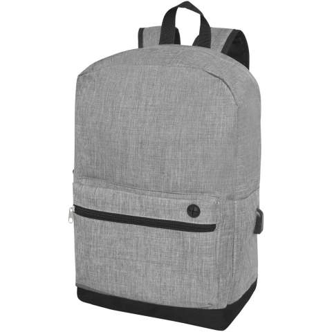 Laptop backpack designed with heathered colour effect in the front panel and black colour in the bottom part and back panel. Features a large zippered main compartment with a padded 15.6" laptop sleeve and a front zippered compartment for quick access to mobile devices. Comes with USB port including USB-A cable with 1 male and 1 female connector. Convenient padded shoulder straps, grab handle, and a mesh water bottle pocket. There may be minor variations in the colour of the actual product due to the nature of the fabric dyes, weaves, and printing.