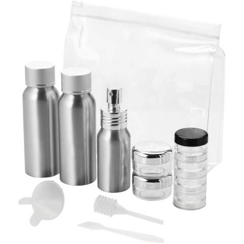 Contains 2 x 80 ml aluminium bottles, 1 x 40 ml aluminium spray bottle, 2 x 2 ml jars, 1 x 4 layer jar, a funnel, a spatula and a sucker. Bottles, funnel etc packed in polybag, comes separately from pouch. Decoration not available on components.