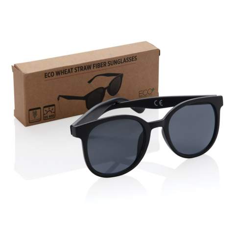 Sunglasses with frame made out of wheat straw fibre. Packed in kraft paper box. With UV 400 glasses.