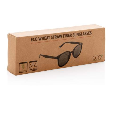 Sunglasses with frame made out of wheat straw fibre. Packed in kraft paper box. With UV 400 glasses.
