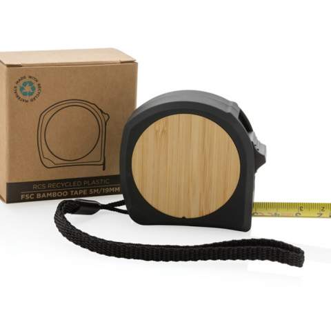 5 metre tape made with RCS (Recycled Claim Standard) certified recycled ABS. Total recycled content: 11% based on total item weight. RCS certification ensures a completely certified supply chain of the recycled materials. The bamboo plate is made from 100% FSC bamboo. Casing with luxury soft touch finish.  With release/lock button.  With 19mm single sided tape, yellow with black carbon steel hook. With polyester wrist strap. Packed in FSC® mix kraft packaging<br /><br />TapeLengthMeters: 5.00