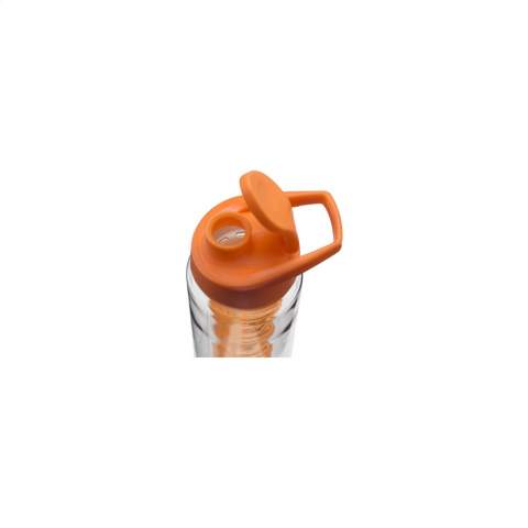 Water bottle with infuser. Clear Tritan plastic: environmentally friendly, BPA-free and durable. With coloured, practical screw cap and lockable drinking opening. Leak-proof. Fill the large infuser compartment with fresh fruit or vegetables and create your own taste sensation. Capacity 700 ml.