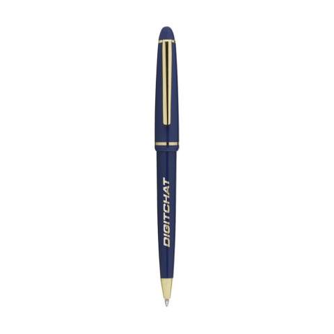 Blue ink ballpoint pen with polished barrel, gilded, ornate clip and point and twist-action tip.