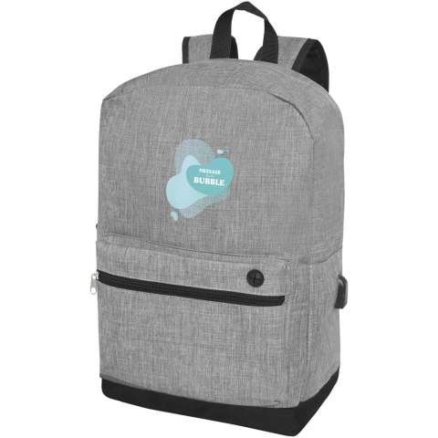 Laptop backpack designed with heathered colour effect in the front panel and black colour in the bottom part and back panel. Features a large zippered main compartment with a padded 15.6" laptop sleeve and a front zippered compartment for quick access to mobile devices. Comes with USB port including USB-A cable with 1 male and 1 female connector. Convenient padded shoulder straps, grab handle, and a mesh water bottle pocket. There may be minor variations in the colour of the actual product due to the nature of the fabric dyes, weaves, and printing.