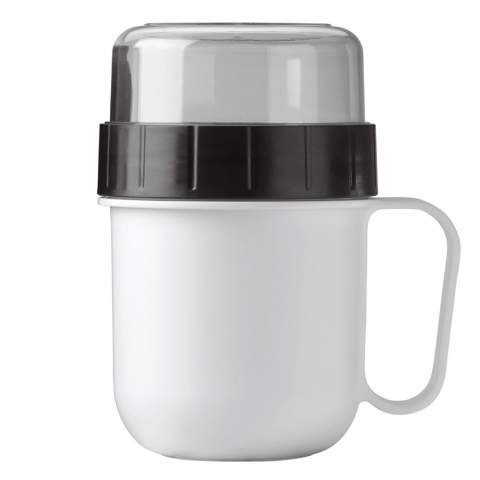 Ideale beker met twee compartimenten. De grote drinkbeker voor uw yoghurt of soep en het kleine compartiment voor de muesli, fruit of croutons. Zo blijft alles heerlijk vers en knapperig.