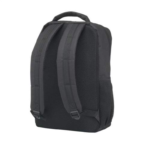 WoW! Backpack made from sturdy 600D RPET polyester. Equipped with a spacious compartment with sturdy zip and a foam protective compartment for safely transporting a laptop with a screen size of up to 15.6 inches. In addition, this backpack has an extra zip pocket on the front and a handy carrying loop. The adjustable shoulder straps and the rear of the backpack are foam padded for extra comfort. The backpack is also finished with mesh fabric. GRS-certified. Total recycled material: 98%. Capacity approx.15 litres.