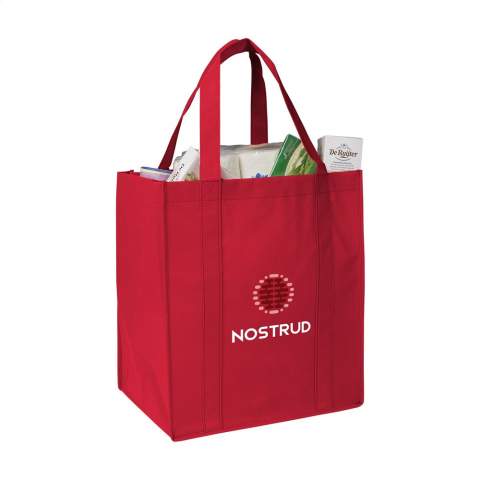 WoW! Practical, extra spacious shopping bag made from recycled non-woven polyester (80 g/m²). Strong and super light. With a reinforced bottom, carrying loops and an extra hanging loop on the inside. GRS certified. Total recycled material: 94%. Capacity approx. 25 litres.