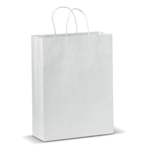 Großformatige matte Papiertragetasche mit Griffen, die aus gedrehtem Papier hergestellt sind. Die Tasche hat einen ökologischen Look. Geeignet als Geschenktasche oder als Tasche für Mitbringsel. FSC-zertifiziert.