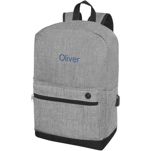 Laptop backpack designed with heathered colour effect in the front panel and black colour in the bottom part and back panel. Features a large zippered main compartment with a padded 15.6" laptop sleeve and a front zippered compartment for quick access to mobile devices. Comes with USB port including USB-A cable with 1 male and 1 female connector. Convenient padded shoulder straps, grab handle, and a mesh water bottle pocket. There may be minor variations in the colour of the actual product due to the nature of the fabric dyes, weaves, and printing.