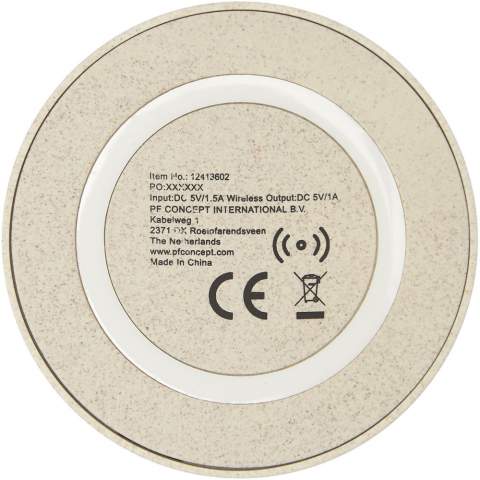 5W wireless charging pad made of wheat straw plastic material mixed together, reducing the amount of plastic needed. To charge a device without wireless technology, an external wireless charging receiver or receiver case is required. Packaged in a gift box and delivered with an instruction manual (both made of sustainable material). Type-C charging cable is included.